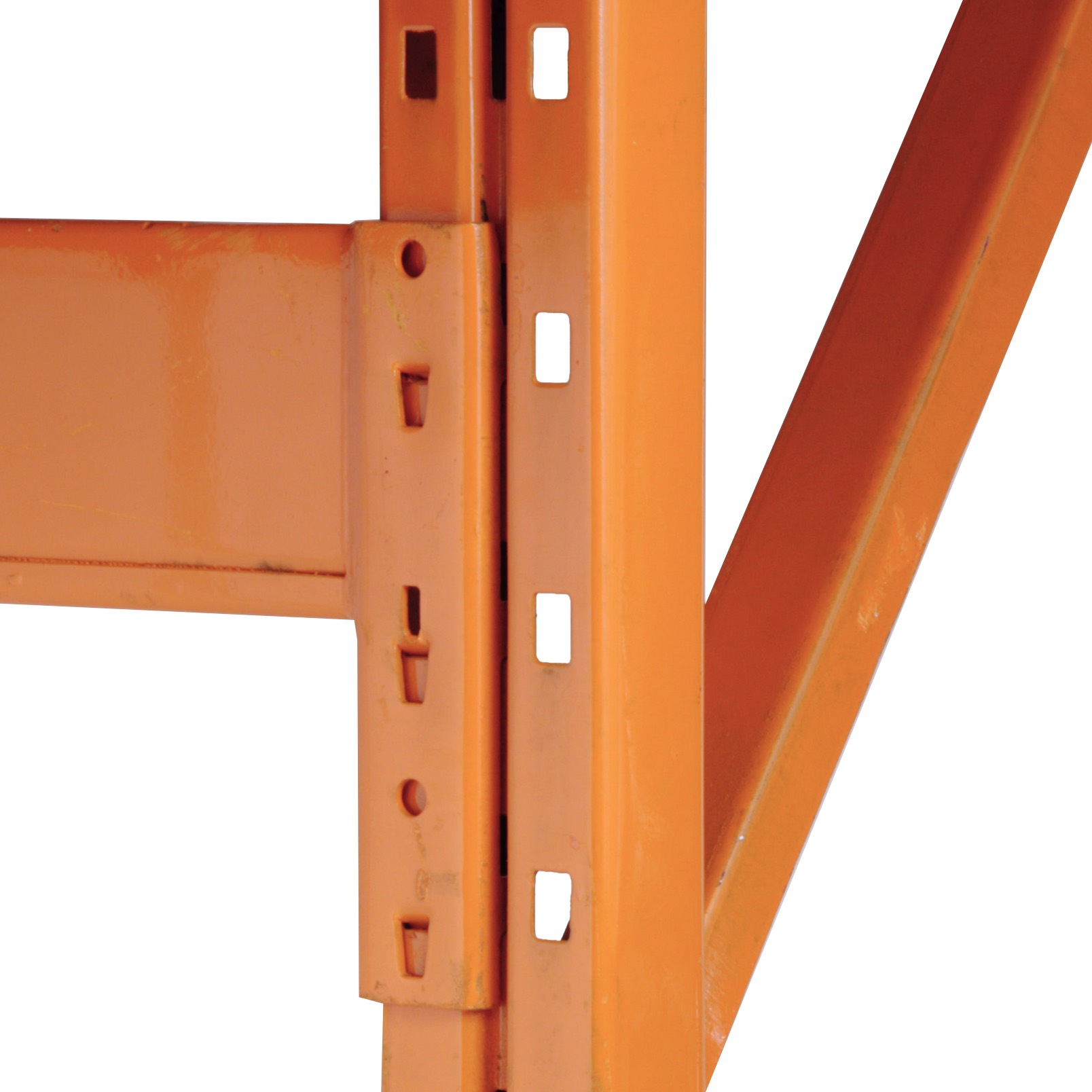 The Redirack upright frames feature rectangular face punch-out slots and side holes to accept the hooks on the Redirack beams.